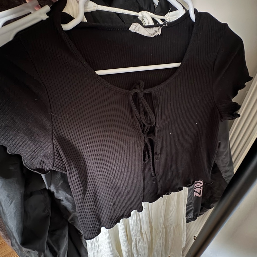 Black Ribbed Crop Top with Tie Detail